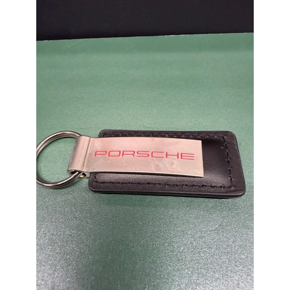 Porsche Southpoint Black Leather Brushed Metal Keychain Red Logo Key Fob